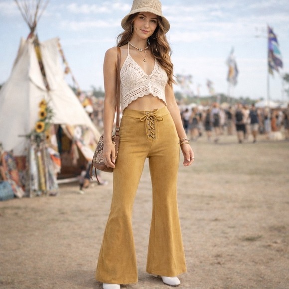 Forever 21 Pants - Y2K Forever 21 Lace Up Flare Pants Mustard Faux Suede Festival Boho Large indie